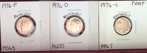 1976-P MINT STATE / 1976-D ALMOST UNC / 1976-S HIGH END PROOF ROOSEVELT DIMES