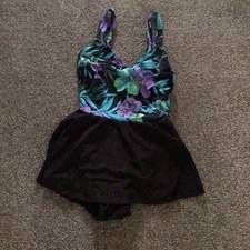 Vintage 1980s Longitude Black Skirted One Piece Swimsuit Gold Button Size 10