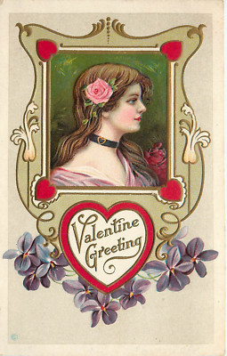 Embossed Valentines Postcard Woman Portrait Vignette Series 312E Stecher