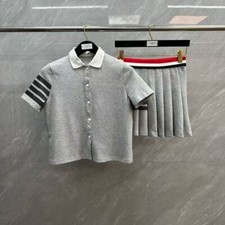 Thom Browne Women's Contrasting Color Short-sleeved Cardigan Pleated Skirt Suit