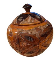 Mid century Hand turned Wood Carved Bowl With lid