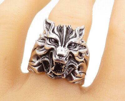 925 Sterling Silver Vintage Sculpted Wolf's Head Band Ring Sz 12