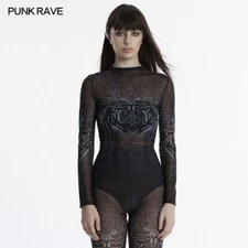 Punk Rave WOMENBlack Gothic Cyber Skull Gradient Printed Mesh T-Shirt Slim Tops