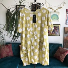 CREATION size L Yellow & White Polka Dot Artsy Draped Lagenlook Tunic Dress NWT