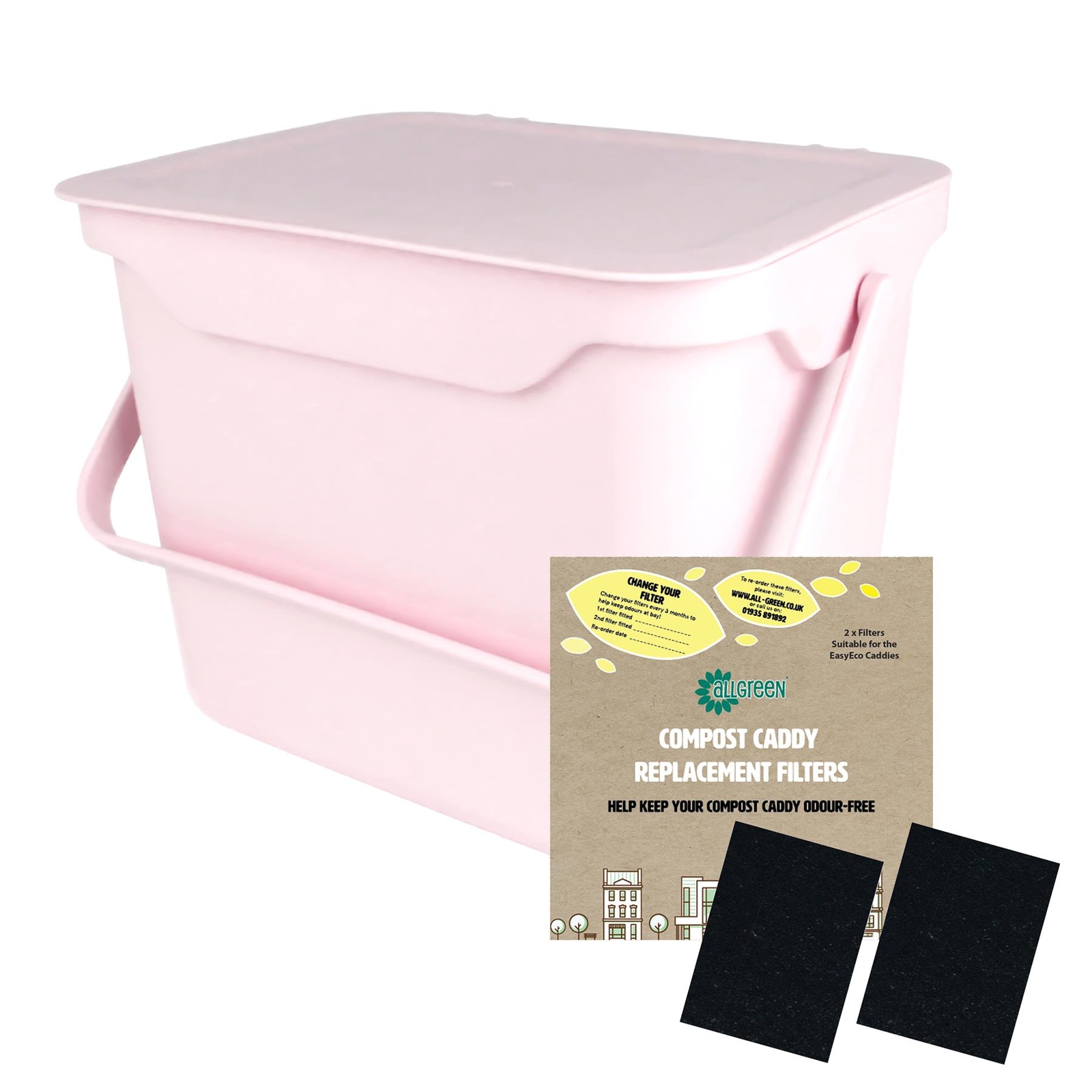 Pastel Pink 5L Kitchen Compost Caddy/Food Recycling Waste Bin & Filter Pack