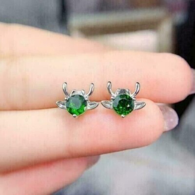 Round Cut Simulated Emerald In 14k White Gold Plated Women's Fancy Stud Earring