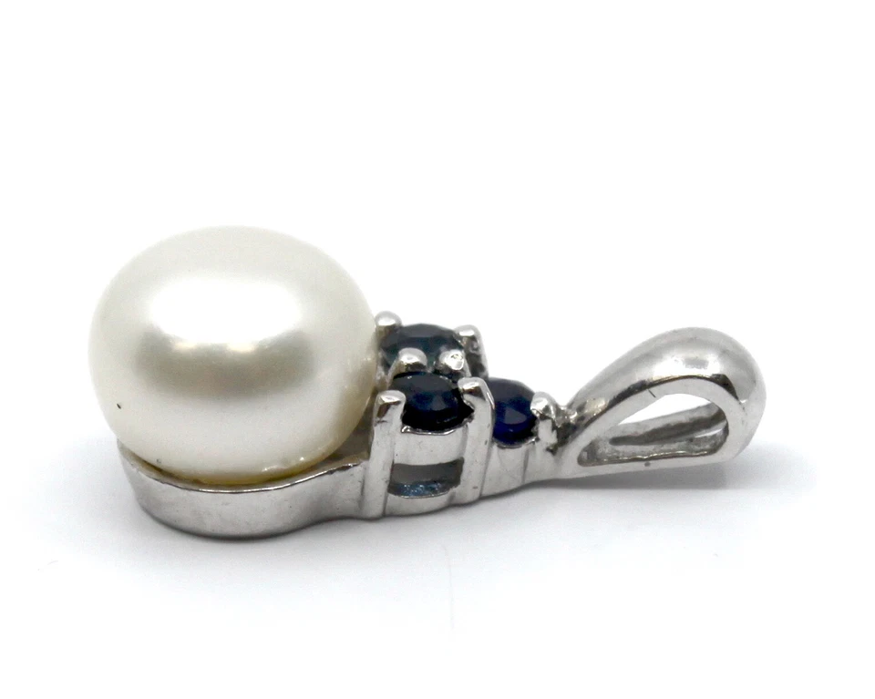 Delicado colgante de perlas y zafiros de oro blanco macizo de 14k Foto 3 de 4