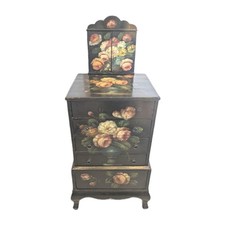 Vintage Hand Painted Floral Chest Drawers Cabinet Black Antique Style Storage