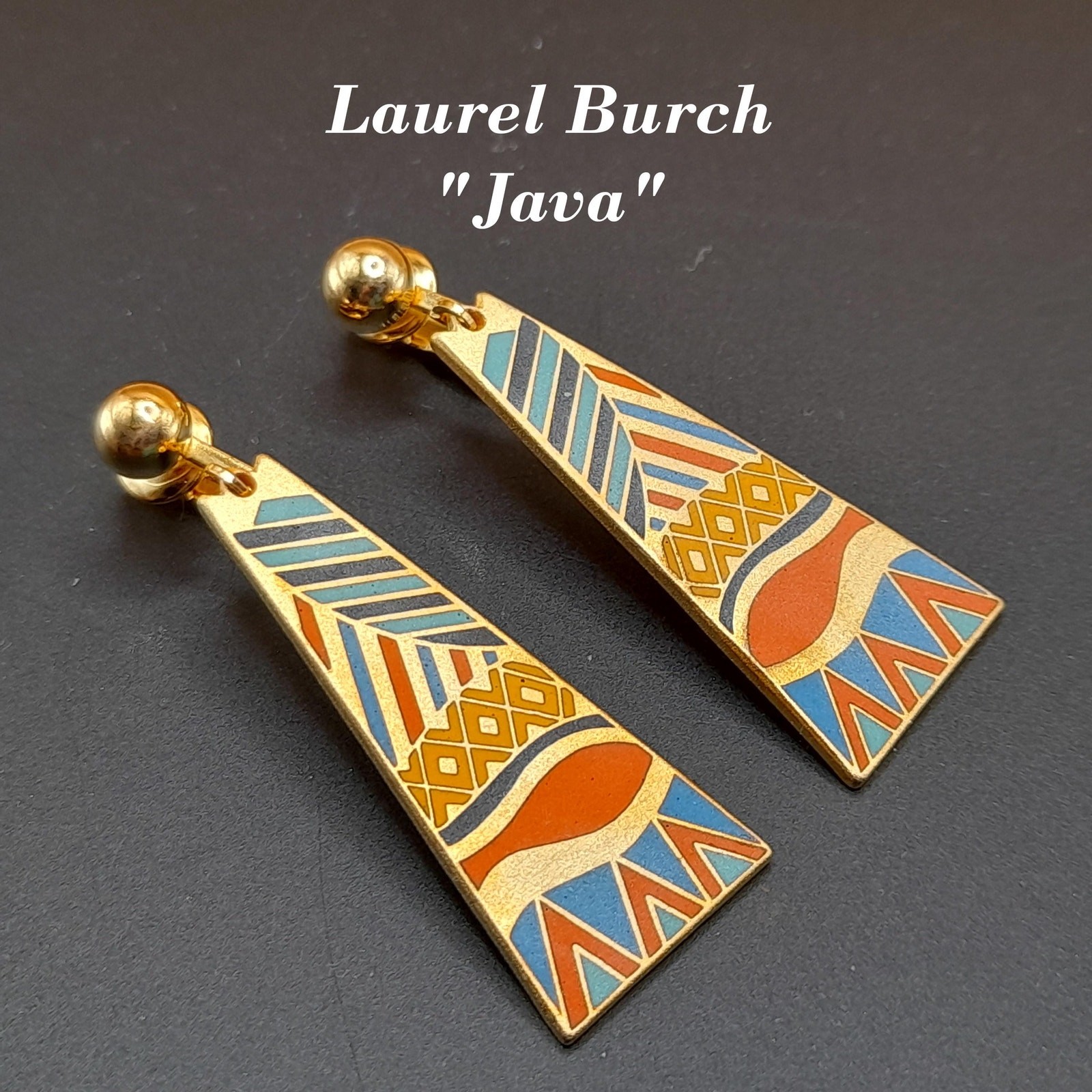 Laurel Burch "Java" Geometric Clip Earrings, Gold… - image 1