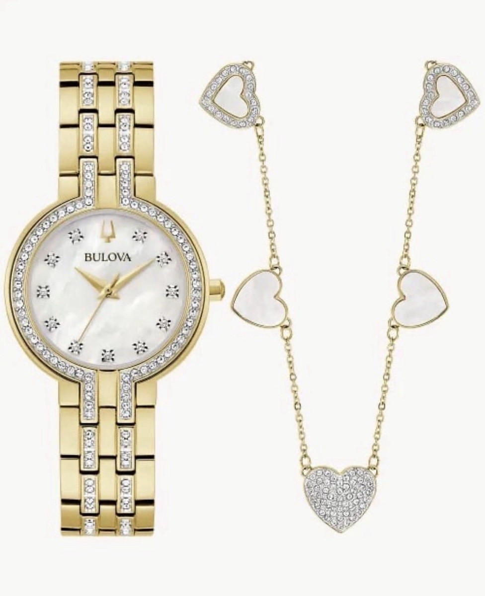 Bulova Gold Tone Crystal Heart Jewelry Set with Watch  display picture 1