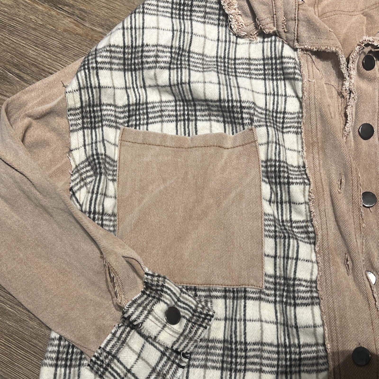 POL Tan Plaid Patchwork Oversized Shacket Sz Small - image 3