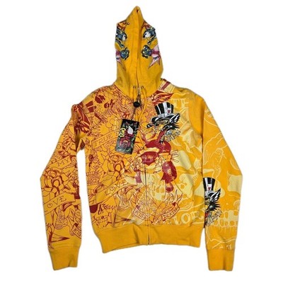 Ed Hardy Christian Audigier Yellow Tattoo Print Zip Hoodie Death or Glory Small