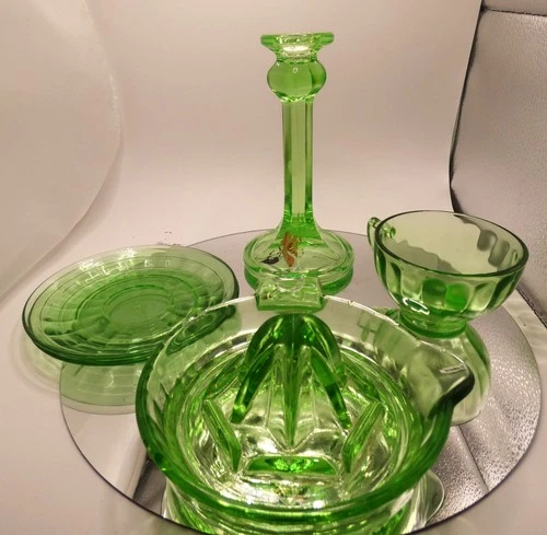 #869 Vaseline uranium depression? glass lot of 5 juicer candle cup saucers