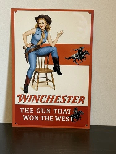 Winchester Cowgirl  Ammunition Gun Revolver Vintage Style Metal Sign  Pinup