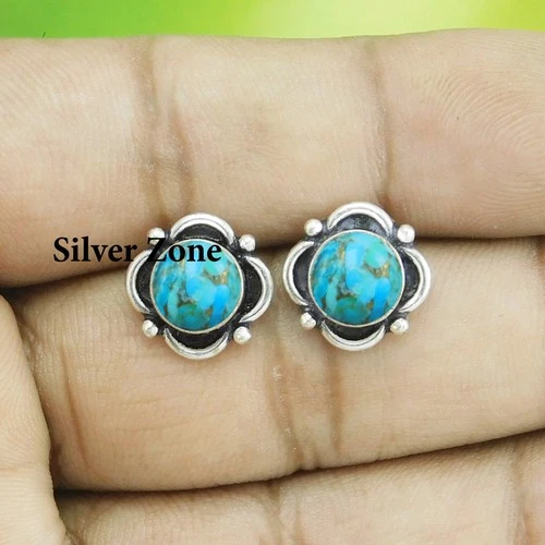 Blue Copper Turquoise Gemstone 925 sterling silver handmade Stud Earrings