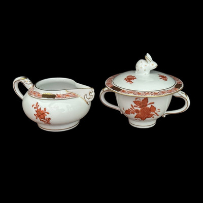 Herend Bunny Chinese Bouquet Knob Sugar Bowl and Creamer Rust Gold Apponyi VTG