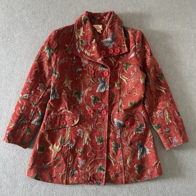Vintage April Cornell Floral Jacket Small Red Embroidered Tapestry Cottage EUC