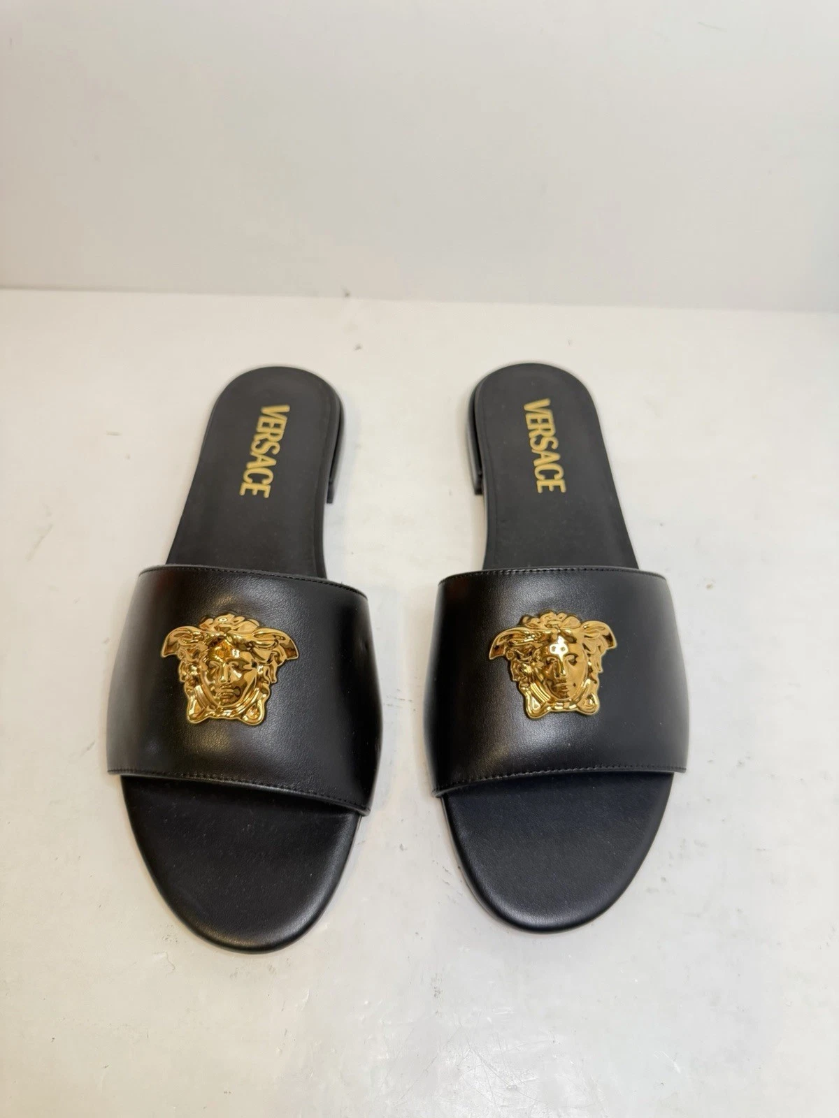 Versace — Versace Medusa Leather Slide Sandals Black Gold Flat Slides EU 37 New