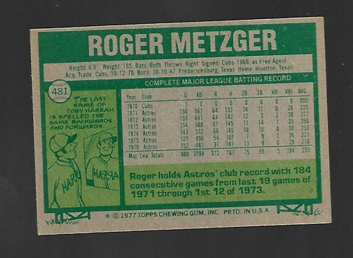 1977 Topps #481 Roger Metzger Houston Astros VG+ - Picture 2 of 2
