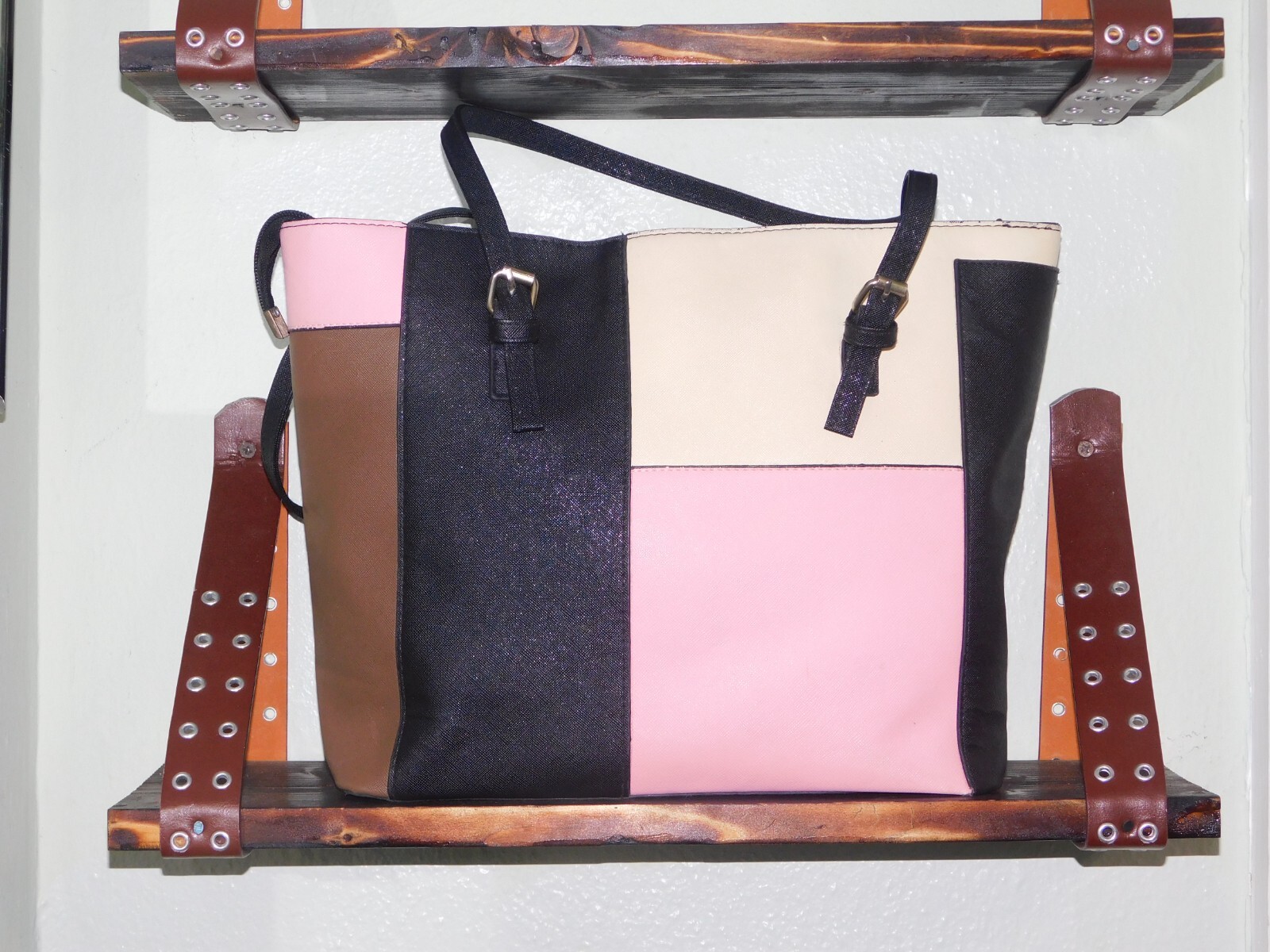 Pink Taupe Black Cream Faux Saffiano Leather Shoulder Bag Unbranded-image