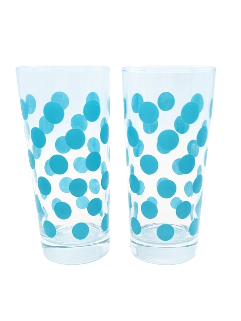 Two (2) Clear Drinking Glasses with Turquoise Polka Dots 6.25” Tall Blue Aqua