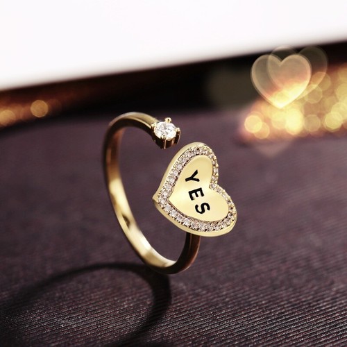 18K Yellow Gold Filled White Simulated Crystal Heart Word "Yes" Adjustable Ring - Picture 2 of 4