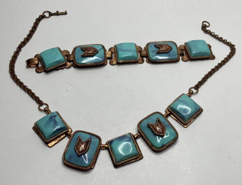 1940s Faux Turquoise Copper Necklace Bracelet Matching Set Southwestern Design