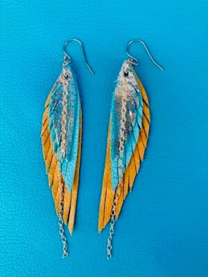 Leder Feder Ohrringe mit 14K Gold Filled Creolen, Ringe und Ketten Handarbeit