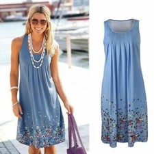 Womens Boho Floral Sleeveless Ladies Summer Loose Plus Size Dress Long Top 8-24