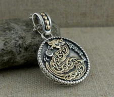 Norse Forge Sterling Silver & 10K Celtic Dragon CZ Medallion Pendant Gift Boxed