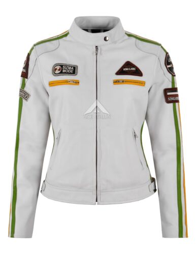 SIZMA Ladies Leather Jacket White Classic Retro Motorcycle Racer Style Jacket - Afbeelding 1 van 8