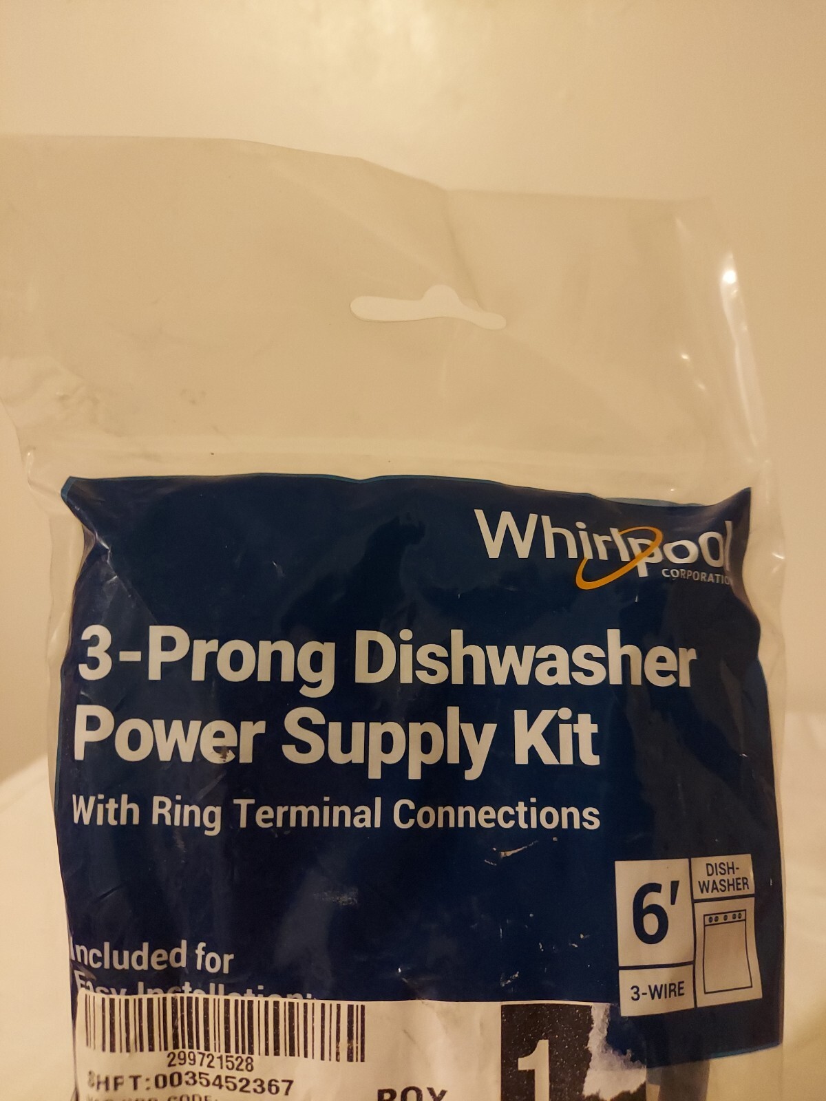 Whirlpool 3Prong Dishwasher 6' Power Supply Kit Ring Terminal 120V SJT