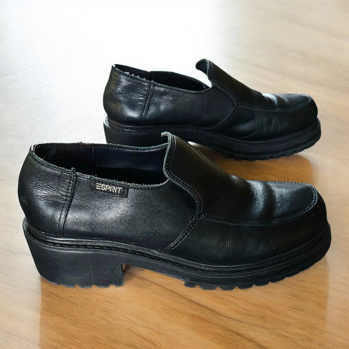 Esprit Vtg Black Leather Y2K Chunky Platform Shoes Loafers 6