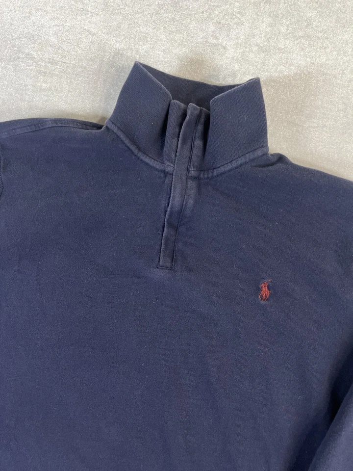 De Colección Polo Ralph Lauren 1/4 Cremallera Para Hombres XL Azul Marino Suéter Parche en el Codo Pullover Años 90  Foto 2 de 4
