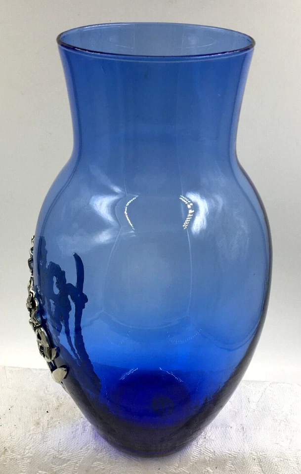 Винтажная синяя выдувная стеклянная ваза Vidrios Levante оловянный букет ирисов Испания 10,25 дюйма - Изображение 4 из 4
