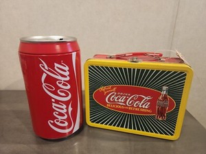 2 Coca-Cola LOT Metal Lunch Box Delicious & Refreshing W/Tag & 8" Tin Piggy Bank