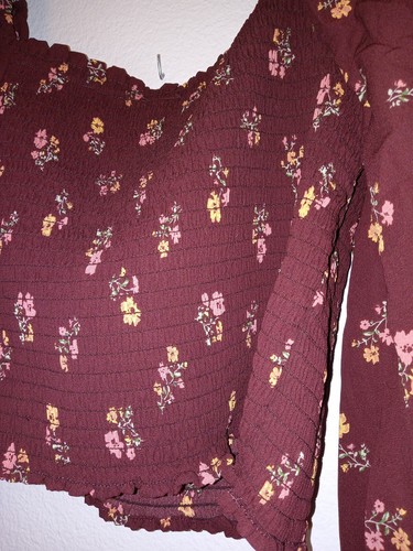 Love Tree Shirt Juniors Large Burgundy Smocked Top Midriff Crop Floral Print - Bild 6 von 13