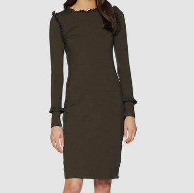 susana monaco green dress $188 Women's Long Sleeve Ruffle Trim Size M Satin