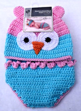 Hand Crotchet Owl Hat Diaper Cover Set Photo Prop 0-9 Months Unisex Pink Blue