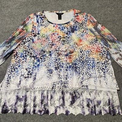 Ali Miles Top Womens 2X Rainbow Animal Print Tiered Lace Hem Tunic Artsy 