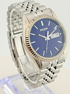 #ad Pulsar Stainless Steel Day Date Watch Blue Dial Fluted Bezel Original Bracelet $43.80
