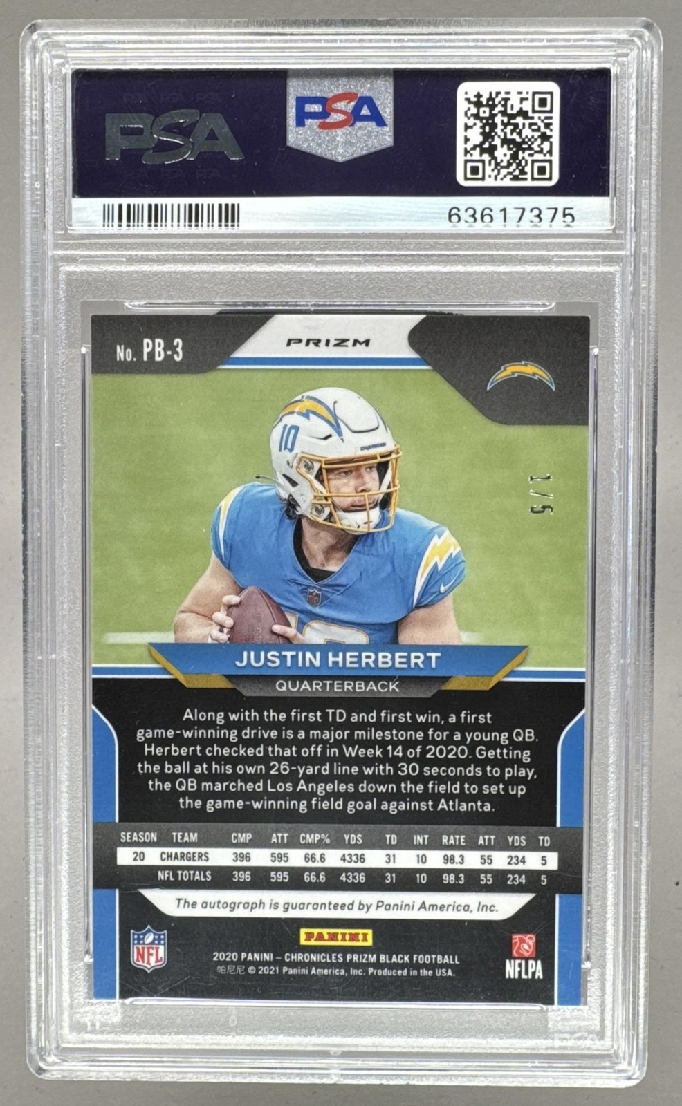 Justin Herbert 2020 Panini Chronicles Prizm Black Gold Vinyl RC Auto 1/5 PSA 9 view 2