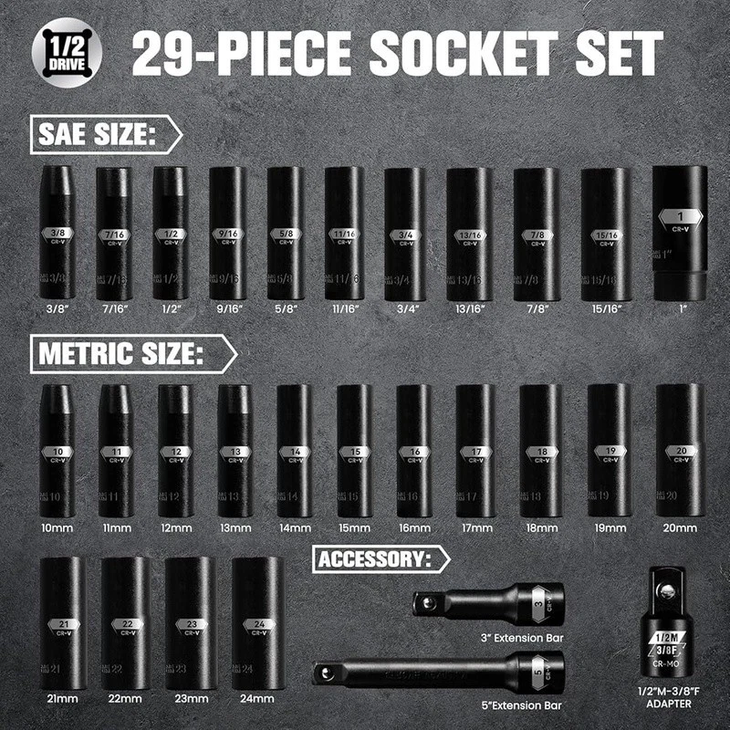 Chrome Vanadium Steel Socket Set 29pcs High Torque Easy Size Identification New - Image 3 of 4