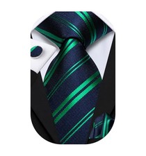 Mens Paisley Striped Tie and Handkerchief Cufflinks Tie Set Dark Blue Green