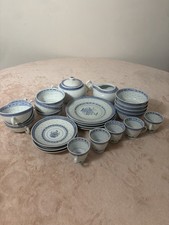 24 Pc Blue White Chinese Tea Set Bowls Cups Plates Sugar Creamer Vintage