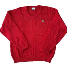 Lacoste Red chunky 90s v neck Cableknit Sweater men  s size 5 Large VTG FLAW