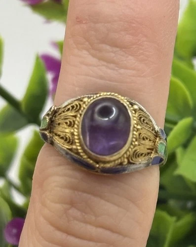 Antique Vintage Chinese Silver Filigree Purple Amethyst Enamel Adjustable Ring