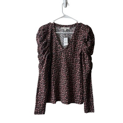 Lott Black Micro Ditsy Floral Textured Ruched Long Sleeve Blouse Size Small NWT