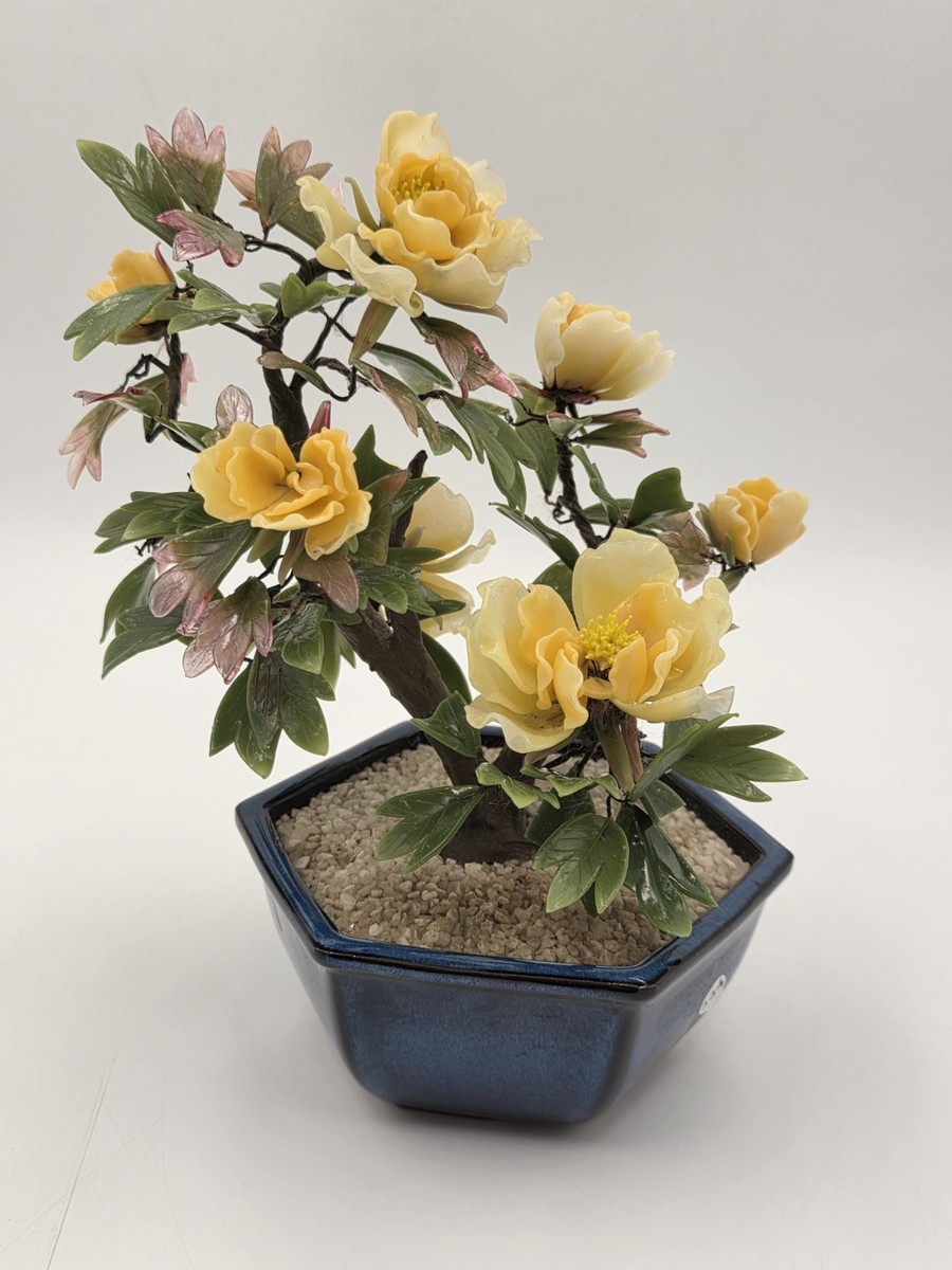 Vintage 1970's Japanese Jade Glass Bonsai Tree Yellow Flowers