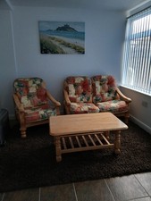 Conservatory furniture solid pine sofa armchair coffee table vgc fabric cushions